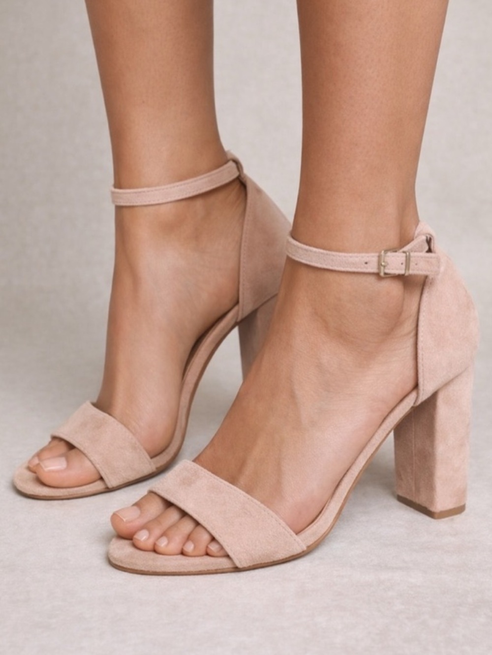 Blush Suede Block Heel Sandals Ankle Strap Nude Size 7
